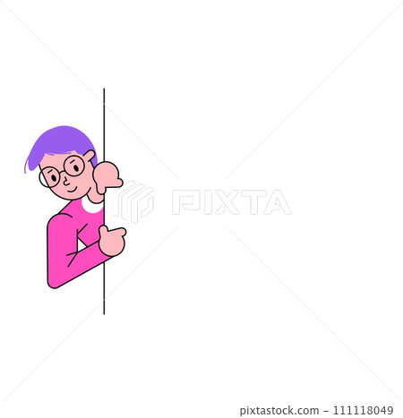 Cartoon girl with purple hair and glasses peeking. Shy child peeking around corner with a cute smile. Childish curiosity and playfulness vector illustration. 111118049