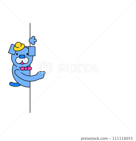 Blue cartoon seal balancing a yellow ball, wearing a bow tie and hat. Circus seal performing tricks vector illustration. 111118053