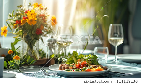 Sunny Dining Room Table with Fresh Salad and White Wine Setting 111118136