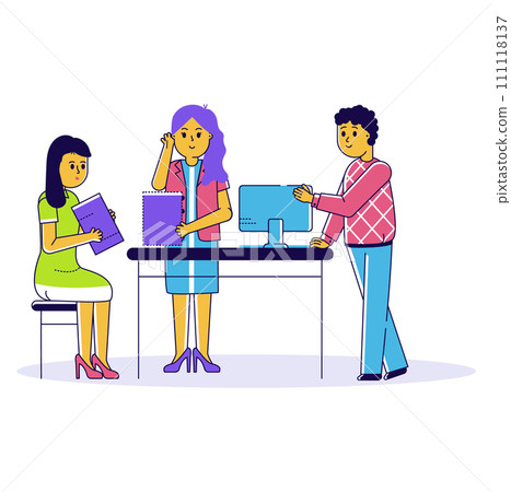 Office workers collaborating on a project. Two women and one man engaged in a discussion at a computer desk. Teamwork and office environment vector illustration. Office workers collaborating on a project. Two women and one man engaged in a discussion at a computer desk. Teamwork and office environment vector illustration. 111118137