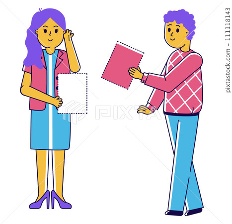 Two cartoon characters, a male and female, exchanging pieces of a puzzle. Collaborative teamwork and problem-solving concept vector illustration. 111118143