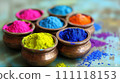 Vibrant Holi Colors in Traditional Bowls and A Festival of Joy 111118153