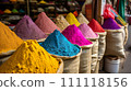Vibrant Holi Festival Colors in Bags Lined Up for Celebration in India 111118156