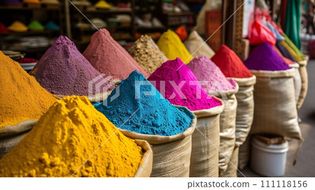 Vibrant Holi Festival Colors in Bags Lined Up for Celebration in India Vibrant Holi Festival Colors in Bags Lined Up for Celebration in India 111118156