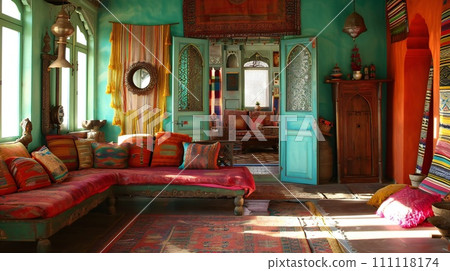 Bohemian Indian Lounge Area with Teal Walls and Colorful Textiles Bohemian Indian Lounge Area with Teal Walls and Colorful Textiles 111118174