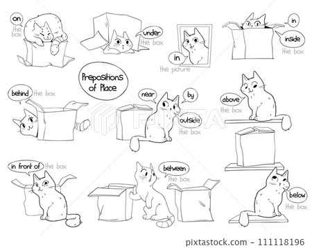 Prepositions of place. English prepositions. Black and white cartoon character 111118196