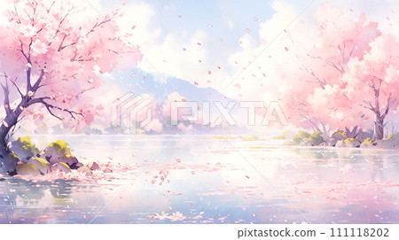 Watercolor illustration landscape of waterside surrounded by cherry blossom trees in full bloom "AI generated image" Watercolor illustration landscape of waterside surrounded by cherry blossom trees in full bloom "AI generated image" 111118202