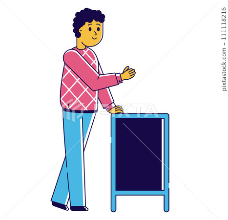 Casual man presenting blank board, standing, smiling, presenting. Friendly male host showing empty menu, announcement board vector illustration. 111118216