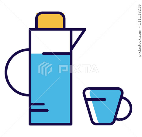 Blue thermos and cup flat design icon. Simple drinkware illustration with a thermos flask and mug. Beverage container clipart vector illustration. Blue thermos and cup flat design icon. Simple drinkware illustration with a thermos flask and mug. Beverage container clipart vector illustration. 111118219