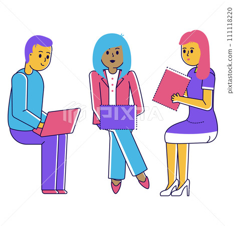 Two women and one man seated discussing work, man with laptop, women with notebooks. Office meeting, teamwork, and corporate discussion vector illustration. Two women and one man seated discussing work, man with laptop, women with notebooks. Office meeting, teamwork, and corporate discussion vector illustration. 111118220