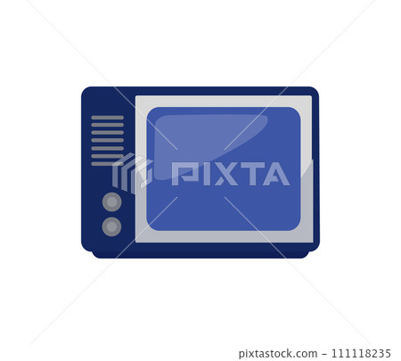 Old-fashioned blue television set with screen and buttons. Retro TV device, entertainment nostalgia vector illustration. 111118235