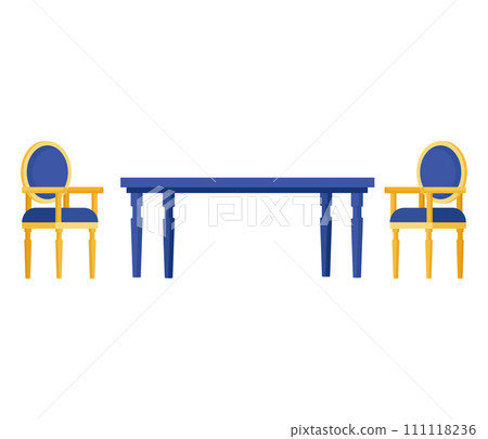 Blue table and two golden chairs with blue seats on a white background. Classic dining furniture setup vector illustration. 111118236