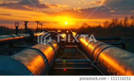 Factory pipeline at sunset, crude gas and oil pipes of refinery plant or petrochemical industry. Scenery of steel industrial tube lines, sky and sun. Concept of energy, power, 111118252