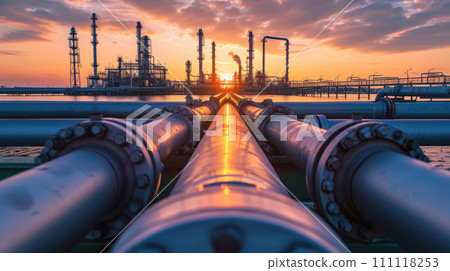 Factory pipeline and buildings at sunset, crude gas and oil pipes of refinery plant or petrochemical industry. Scenery of steel tube lines and sky. Concept of energy, power Factory pipeline and buildings at sunset, crude gas and oil pipes of refinery plant or petrochemical industry. Scenery of steel tube lines and sky. Concept of energy, power 111118253