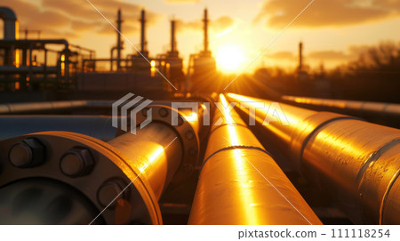 Factory pipeline at sunset, natural gas and oil pipes of refinery plant or petrochemical industry. Landscape with steel industrial tube lines and sun. Concept of energy, background 111118254