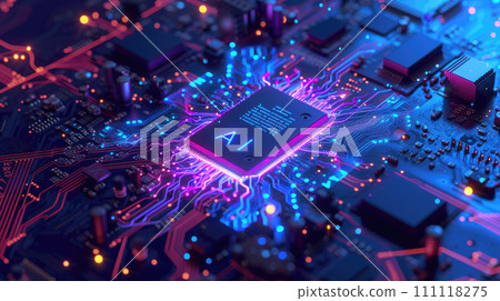 Glowing AI processor on dark circuit board, core of artificial intelligence machine with neon light of energy. Concept of computer technology, CPU, chip, data, future, semiconductor 111118275