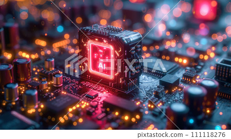 Neon glowing AI processor on circuit board, futuristic core of artificial intelligence on bokeh lights background. Concept of computer technology, chip, microchip, data, 111118276