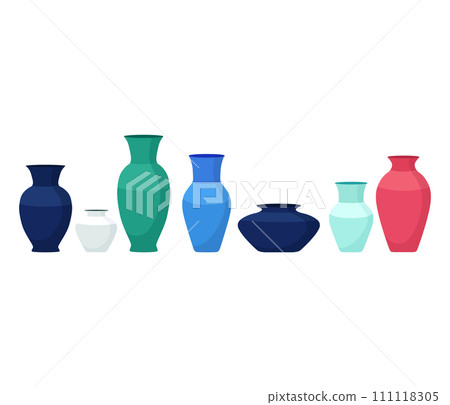 Collection of various colorful vases in flat design. Set of classic and modern vases for interior decoration vector illustration. 111118305