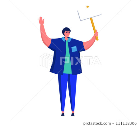 Cartoon man waving hand holding a signpost, cheerful character in casual clothes. Promotions and advertising concept vector illustration. 111118306