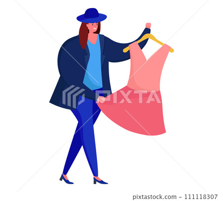 Stylish woman holding a pink dress on a hanger, fashion and shopping concept. Elegant clothing choices and wardrobe vector illustration. 111118307