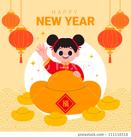 Happy Chinese New Year greeting card with cartoon girl greeting with gold ingot 111118318