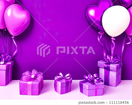 Purple gift boxes with ribbons and heart shaped balloons. Birthday decorations, valentines day concept. Generative AI Purple gift boxes with ribbons and heart shaped balloons. Birthday decorations, valentines day concept. Generative AI 111118456