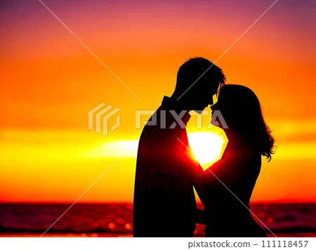 Silhouette of a couple in the sunset, hugging each other. Valentine's day, romantic and love theme. Generative AI Silhouette of a couple in the sunset, hugging each other. Valentine's day, romantic and love theme. Generative AI 111118457