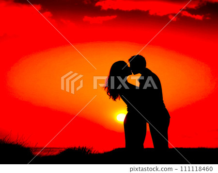 Silhouette of a couple in the sunset, hugging each other. Valentine's day, romantic and love theme. Generative AI Silhouette of a couple in the sunset, hugging each other. Valentine's day, romantic and love theme. Generative AI 111118460