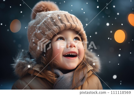 AI-generated content. Cute child with happy face wearing a warm hat and warm jacket surrounded with snowflakes. Winter holidays concept 111118569