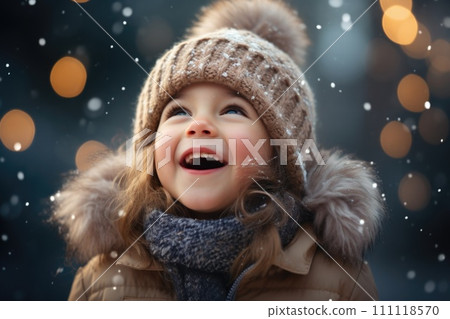 AI-generated content. Cute child with happy face wearing a warm hat and warm jacket surrounded with snowflakes. Winter holidays concept 111118570
