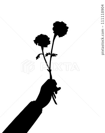 The arm of a man presenting a bouquet of vermilion marigolds The arm of a man presenting a bouquet of vermilion marigolds 111118904