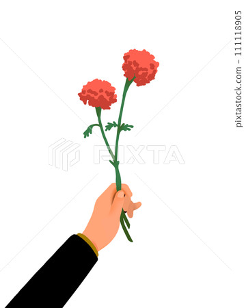 The arm of a man presenting a bouquet of vermilion marigolds The arm of a man presenting a bouquet of vermilion marigolds 111118905
