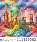 AI-generated content. Generative AI of A Painting of a Factory With rainbow Smoke Emitting 111119062