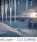 AI-generated content. Generative AI of Icicles Hanging From the Roof of a House in the Snow 111119068
