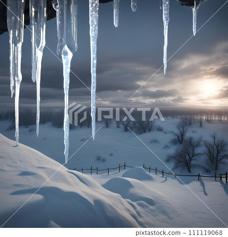 AI-generated content. Generative AI of Icicles Hanging From the Roof of a House in the Snow 111119068