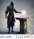 AI-generated content. Generative AI of Man Standing Next to Desk With Paper 111119072