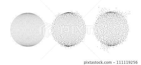Set of dotted spheres with dissolve effect. Stipple disintegrating circle collection. Halftone textured balls with noise dot work grain. Radial grunge particles. Dot sphere bubble bundle. Vector pack 111119256