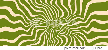 Trippy burst lines background. Psychedelic wavy stripes wallpaper. Green groovy twisted sunburst swirl. Distorted curly wave texture design for poster, banner, flyer, cover, print. Vector backdrop 111119258