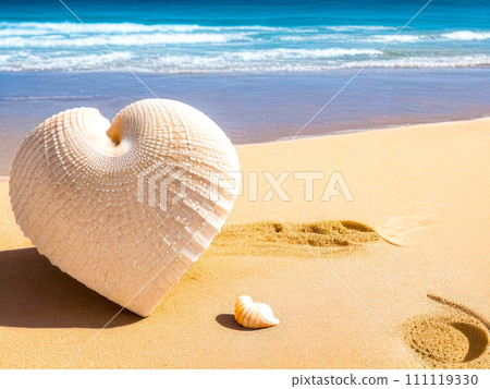 A heart-shaped seashell on a sandy beach. Generative AI 111119330