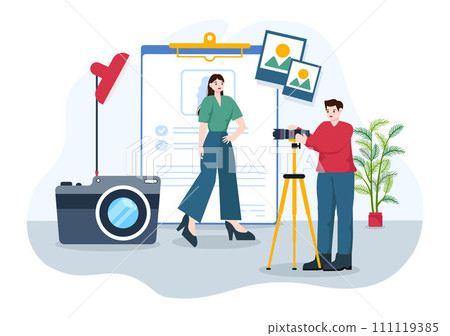 Model Portfolio Vector Illustration with Modeling Agency Manager and Photographer take Photos of Model in Platform Flat Cartoon Background Design Model Portfolio Vector Illustration with Modeling Agency Manager and Photographer take Photos of Model in Platform Flat Cartoon Background Design 111119385