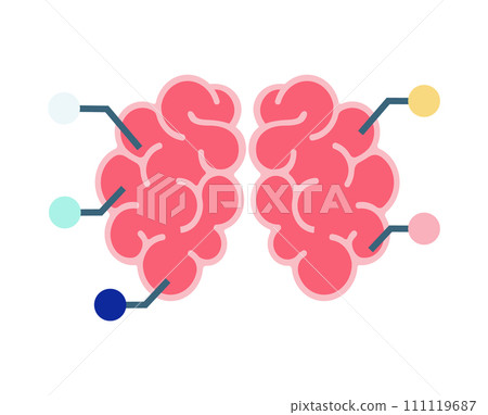 Two stylized human brains with connections, symbolizing networking or thinking process. Cognitive and mental health concept vector illustration. Two stylized human brains with connections, symbolizing networking or thinking process. Cognitive and mental health concept vector illustration. 111119687