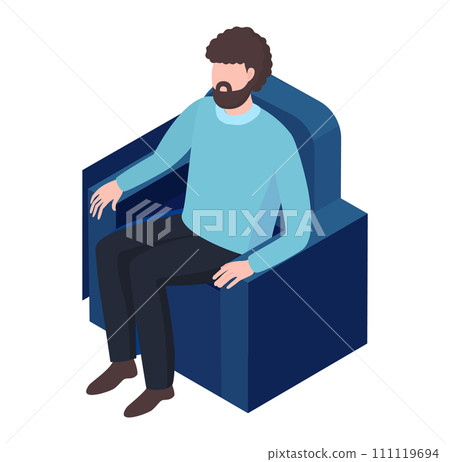 Bearded man sitting on chair in isometric view. Casual attire male office worker takes a break. Modern workplace environment vector illustration. Bearded man sitting on chair in isometric view. Casual attire male office worker takes a break. Modern workplace environment vector illustration. 111119694