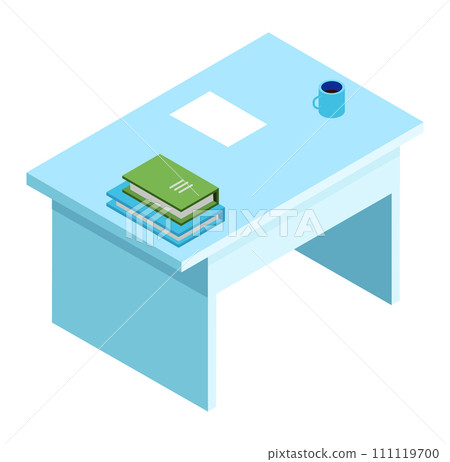 Isometric blue desk with a stack of books and a coffee mug. Modern office furniture with educational or work concept. Study and workplace environment vector illustration. Isometric blue desk with a stack of books and a coffee mug. Modern office furniture with educational or work concept. Study and workplace environment vector illustration. 111119700