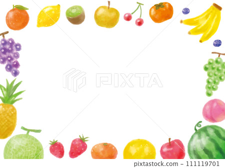 Watercolor style hand-painted frame of various fruits - horizontal - white background Watercolor style hand-painted frame of various fruits - horizontal - white background 111119701