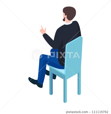 Man sitting on chair gesturing with hand, casual clothing. Person in conversation, presentation gesture vector illustration. Man sitting on chair gesturing with hand, casual clothing. Person in conversation, presentation gesture vector illustration. 111119702