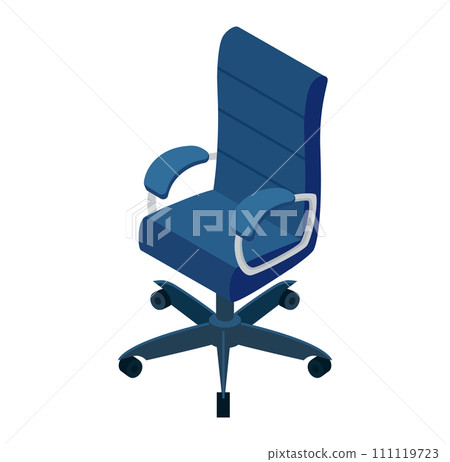 Blue office chair with armrests on wheels. Modern ergonomic swivel chair design. Comfortable workplace furniture vector illustration. 111119723
