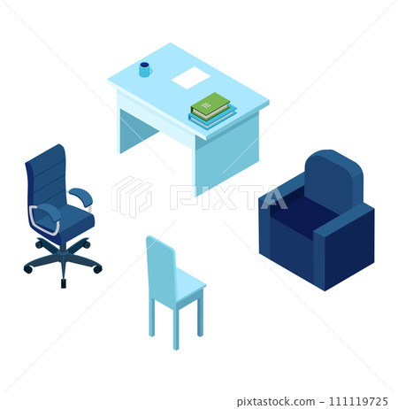 Isometric office furniture set with desk, chairs, and sofa. Blue office interior elements vector illustration. Modern workspace design and organization. Isometric office furniture set with desk, chairs, and sofa. Blue office interior elements vector illustration. Modern workspace design and organization. 111119725