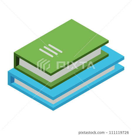 Stack of three books in isometric view, blue and green covers with bookmark. Education, reading, learning, library concept vector illustration. 111119726