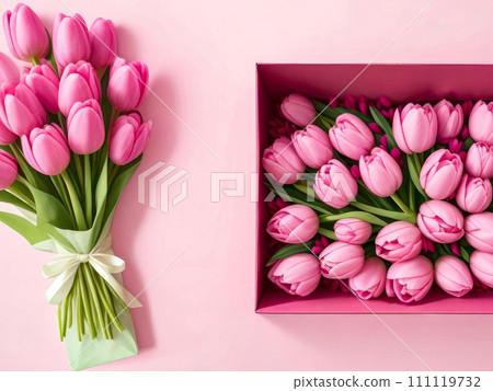 Bouquet of pink tulips in gift box on white. Spring gift for Anniversary, Mothers or Valentines Day. top view, copy space. Generative AI 111119732