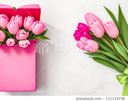 Bouquet of pink tulips in gift box on white. Spring gift for Anniversary, Mothers or Valentines Day. top view, copy space. Generative AI Bouquet of pink tulips in gift box on white. Spring gift for Anniversary, Mothers or Valentines Day. top view, copy space. Generative AI 111119736